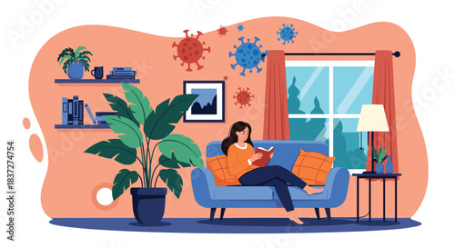 Young woman stays safe at home reading a book on her sofa to relax during the coronavirus pandemic quarantine period.