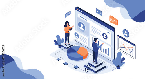 Business analysts work as a team to review customer data and performance metrics on a large interactive digital dashboard.