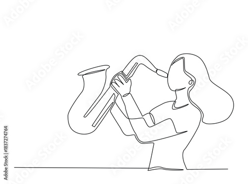 Continuous line art drawing of Saxophonist Perfomance. Woman playing saxophone outline draw illustration.
