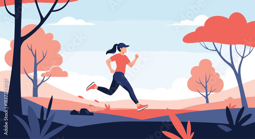 Athletic woman with a ponytail jogging through a beautiful park in the morning for her daily fitness and cardio workout.