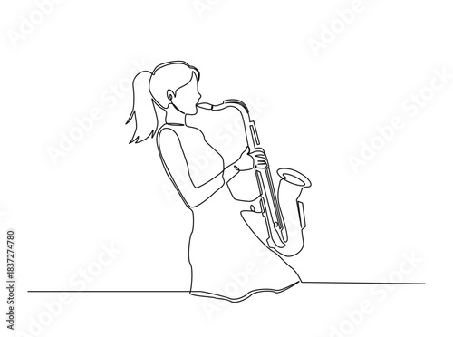 Continuous line art drawing of Saxophonist Perfomance. Woman playing saxophone outline draw illustration.
