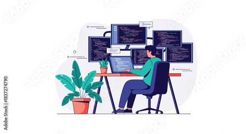 Focused male programmer coding on a laptop and multiple monitors at his workstation in a modern and efficient office setup.