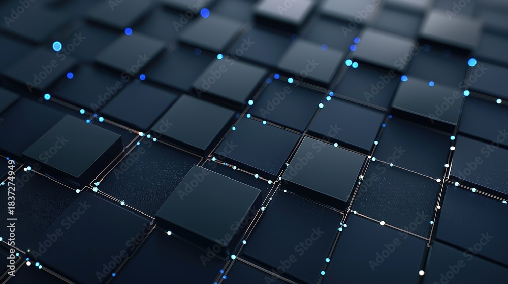 Obraz premium Abstract dark blue background with square blocks and lines, data connection pattern