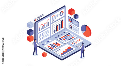 Two data analysts working with a large interactive dashboard screen to monitor and visualize complex business analytics.