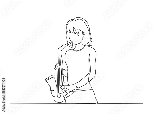 Continuous line art drawing of Saxophonist Perfomance. Woman playing saxophone outline draw illustration.