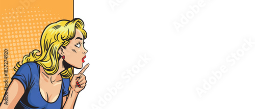 A beautiful woman in pop art style. The woman looks towards a blank banner.