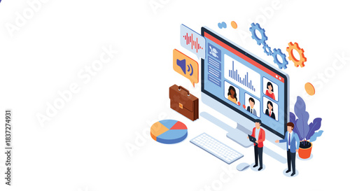 Isometric concept for an online business meeting with professionals collaborating through a video conference on a computer.