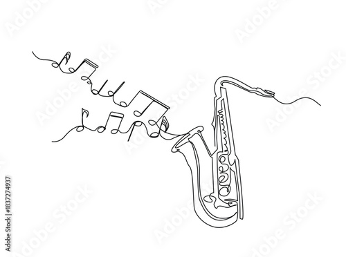 Continuous line art drawing of saxophone music instrument with flowing music note. Saxophone with music notes in single outline illustration.