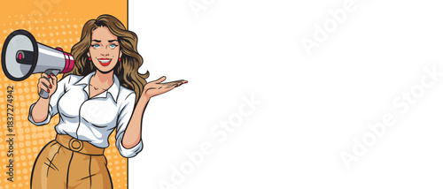 A beautiful woman with a megaphone near a blank pop art banner. A woman with a loudspeaker and showing