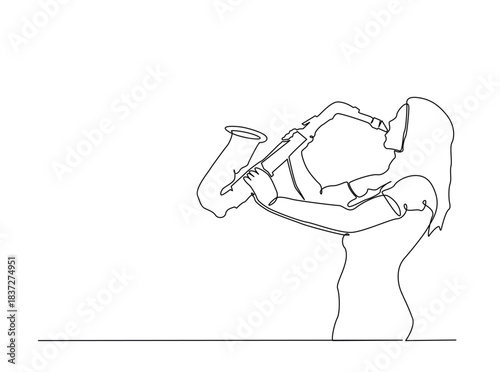 Continuous line art drawing of Saxophonist Perfomance. Woman playing saxophone outline draw illustration.