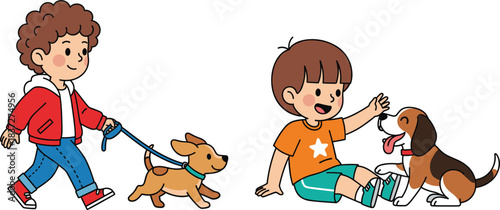 Cute kids playing with dog cartoon vector illustration showing children walking and petting puppy outdoors