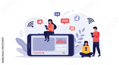 Young people are actively engaged with online video content on a giant smartphone giving likes and sharing with friends.