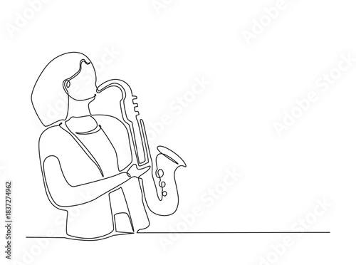 Continuous line art drawing of Saxophonist Perfomance. Woman playing saxophone outline draw illustration.
