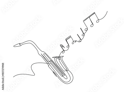 Continuous line art drawing of saxophone music instrument with flowing music note. Saxophone with music notes in single outline illustration.