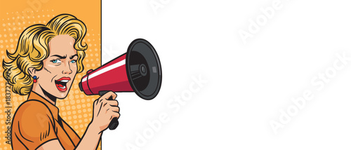 A beautiful woman with a megaphone near a blank pop art banner.