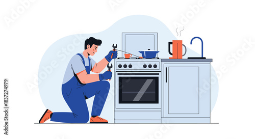 Professional handyman in uniform kneels to repair a broken gas stove in a kitchen using specialized wrench tools.