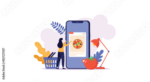 Woman uses a large smartphone to order fresh groceries and healthy food online from a mobile market application.
