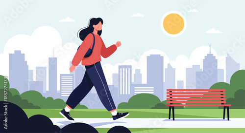 Young woman with a backpack enjoys a healthy and active lifestyle by taking a walk in a city park on a sunny day.