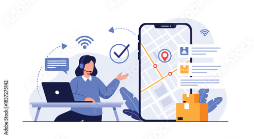 Female customer service agent at her desk helps a client with package tracking using a map on a large smartphone.