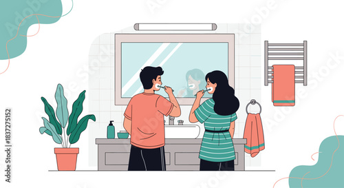 Young couple starts their morning routine together by brushing their teeth in front of a mirror in a modern bathroom.