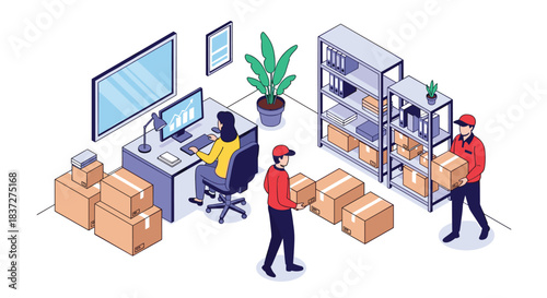 Isometric view of a busy logistics office with an administrator at a computer and workers moving packages for shipping.
