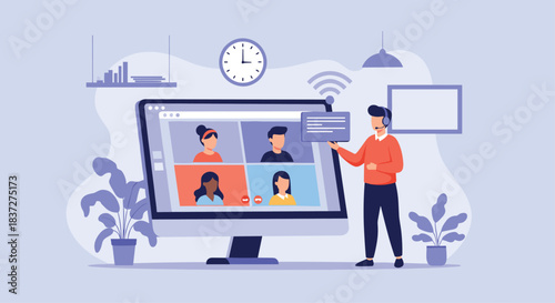 Male teacher with a headset leads an online class or business webinar for a diverse group of students on a computer.