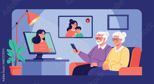 Happy grandparents sit on a sofa and use a computer for a video call to connect with their daughter and grandson.