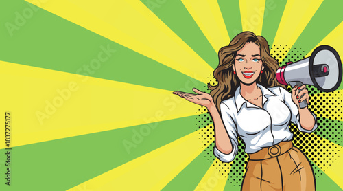 Beautiful woman with a megaphone in pop art style. Woman with a loudspeaker and showing