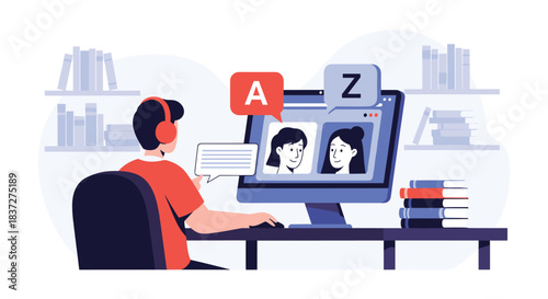 Young man wearing headphones learns a new language online with a private tutor through a video call on his computer.