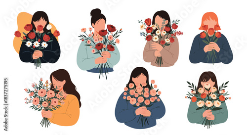 Beautiful collection of diverse young women holding large and vibrant bouquets of fresh flowers for a special occasion.