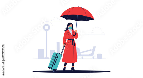 Woman wearing a face mask and a trench coat travels with her luggage under a red umbrella during the pandemic.