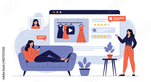 Two women collaborate on an online fashion store with one customer shopping on her phone from the sofa at home.