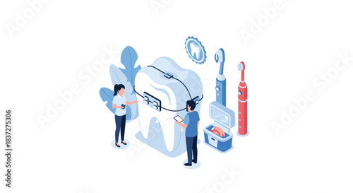 Isometric concept of modern orthodontics with dentists examining a large tooth with braces and other dental care tools.