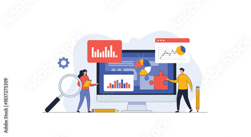 Marketing team works together to analyze business data and statistics on a large computer screen with various charts.