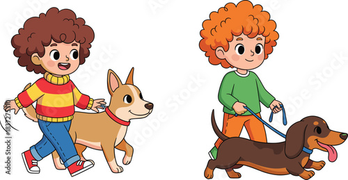 Cute kids walking dogs cartoon vector illustration with happy children enjoying outdoor pet companionship and playful activity