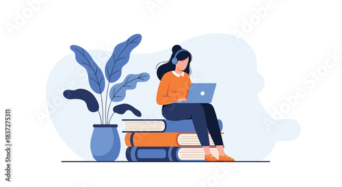Young woman with headphones sits on a large stack of books to learn online with her laptop in a peaceful setting.