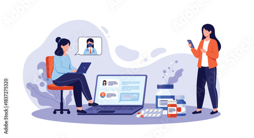 Two women use online telehealth services to consult with a doctor and order prescription medicine via laptop and phone.
