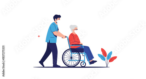 Young male nurse wearing a face mask gently pushes an elderly woman in a wheelchair showing compassionate senior care.