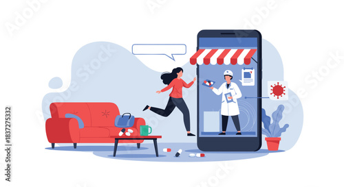 Woman urgently runs to an online pharmacy on her smartphone to order medicine from a virtual doctor during an illness.