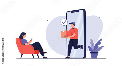 Woman relaxes in a chair and uses her phone to confirm a successful package delivery from a courier via a mobile app.