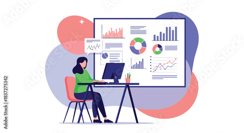 Female data analyst works at her desk reviewing financial reports and business intelligence dashboards on a large screen.