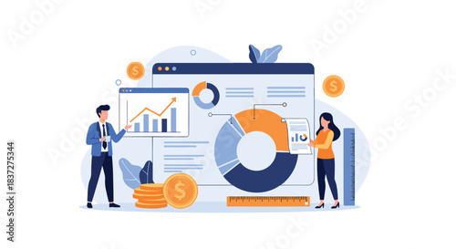 Business team collaborates on financial planning by analyzing data from charts and graphs for a new investment project.