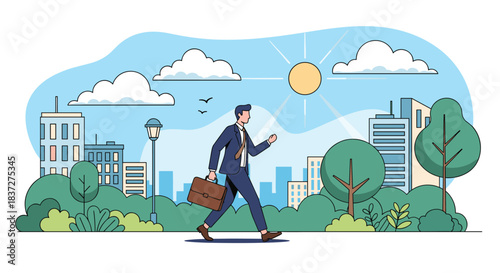 Young professional businessman in a formal suit confidently walks through a beautiful city park on a sunny day carrying a briefcase.