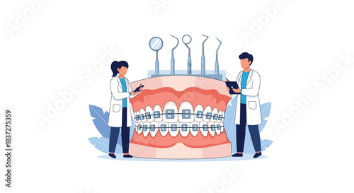 Professional male and female orthodontists examine a large model of human teeth with metal braces using various dental tools.