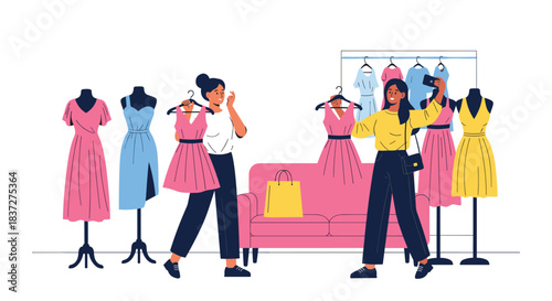 Two happy young women enjoy a fun day of shopping for new dresses together in a trendy clothing boutique while taking a selfie.