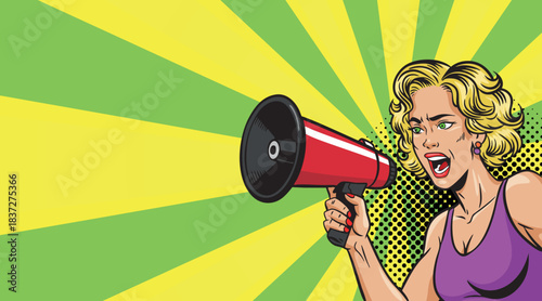 A beautiful woman with a megaphone in pop art style. Woman with a loudspeaker