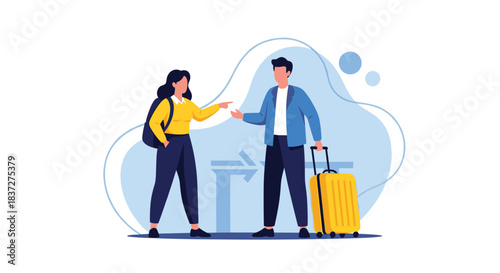 A young couple with luggage and a backpack are talking near a turnstile at an airport or train station before their travels.