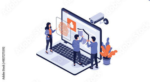 An isometric concept of cybersecurity and data protection with a team working on online privacy and security on a laptop.