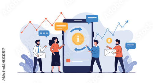 A business team collaborates on a mobile finance application discussing data exchange and online money transfer strategies.