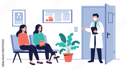 A friendly male doctor wearing a face mask invites two female patients from the hospital waiting room for their appointment.